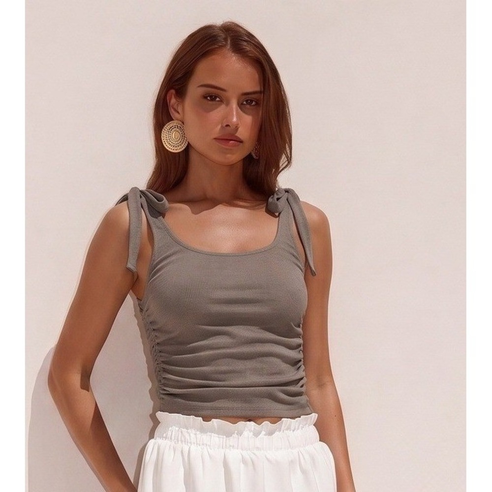 Willow Young Contemporary Ribbed Ruched Tie Shoulder Tank Top M Taupe Brown 6745